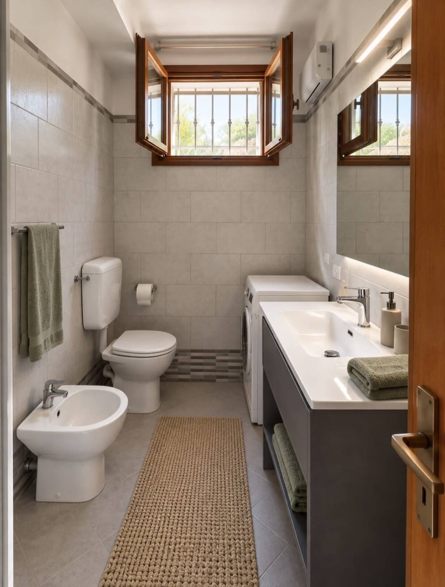 The apartment bathroom with shower, bidet and washing machine