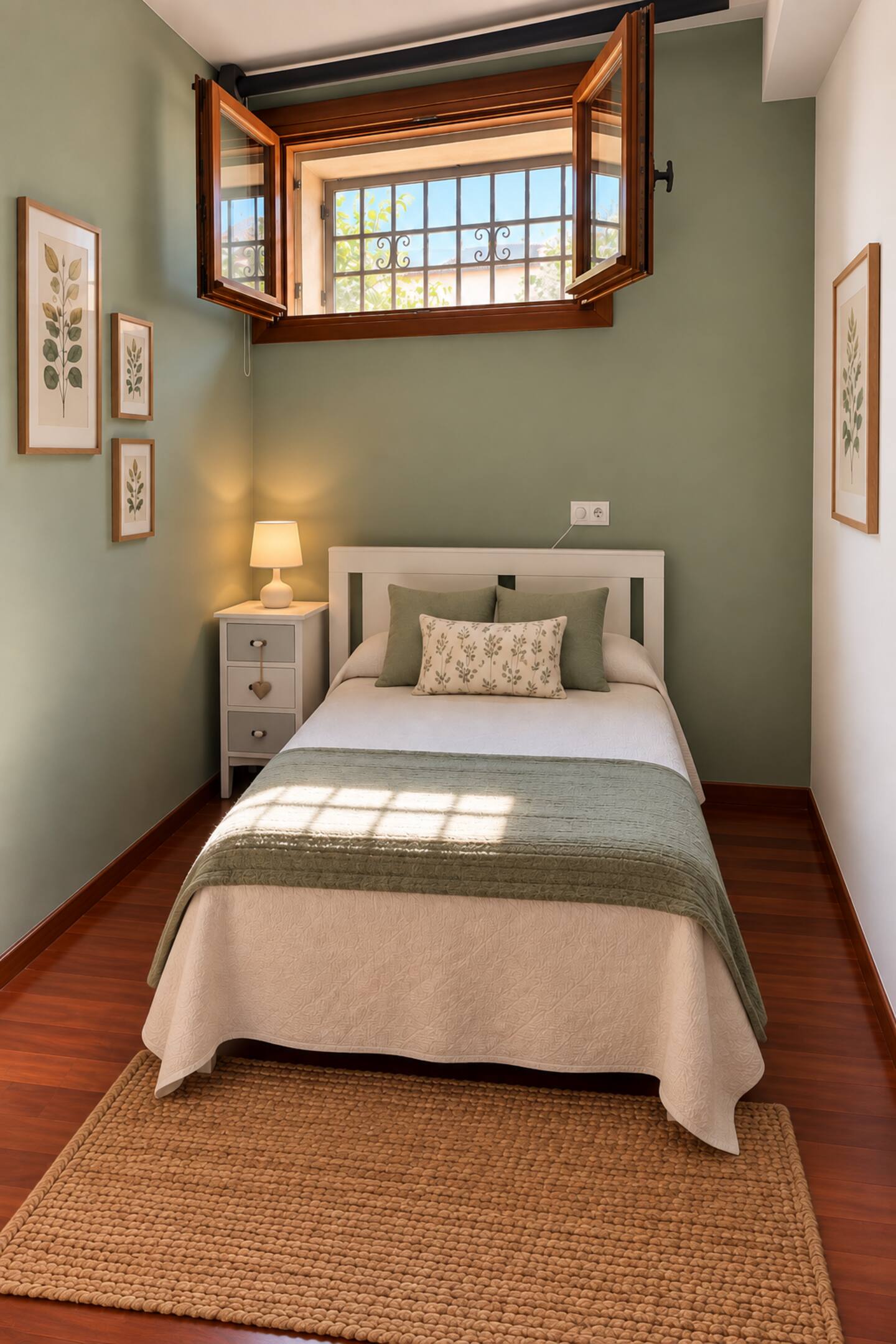 The apartment bedroom with sage-green walls and natural-fibre rug