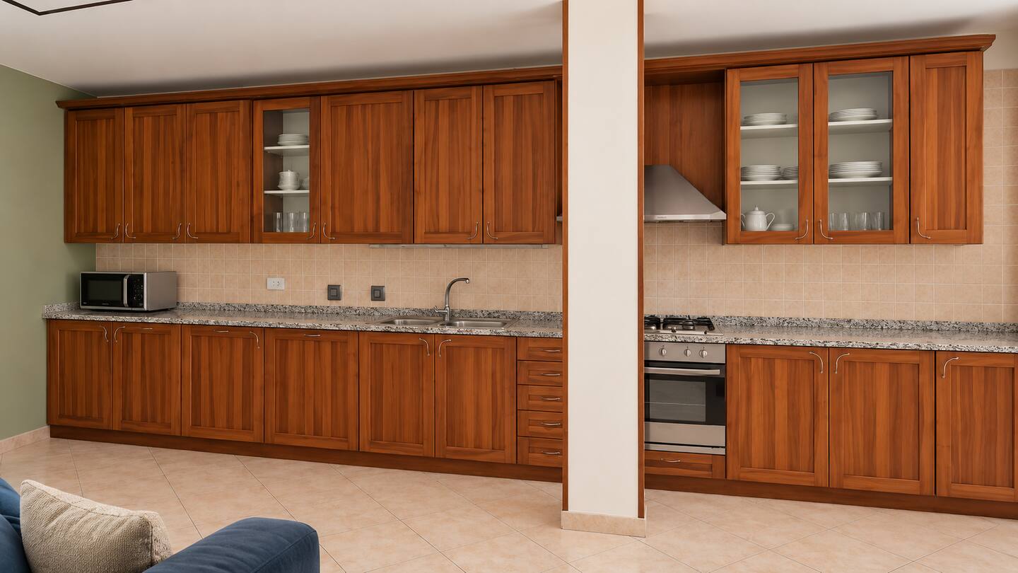 The full-wall kitchen: oven, microwave, dishwasher and coffee machine