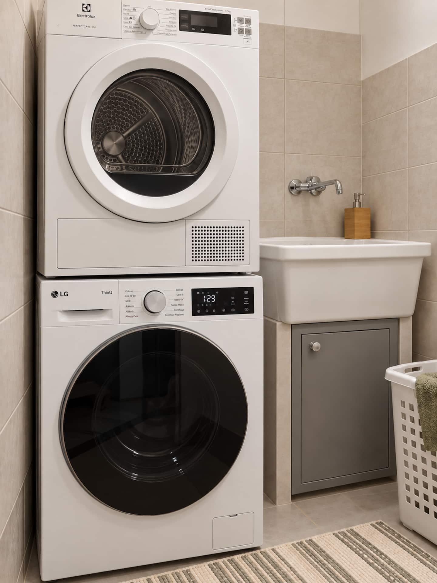 The laundry area with washing machine, dryer and utility sink