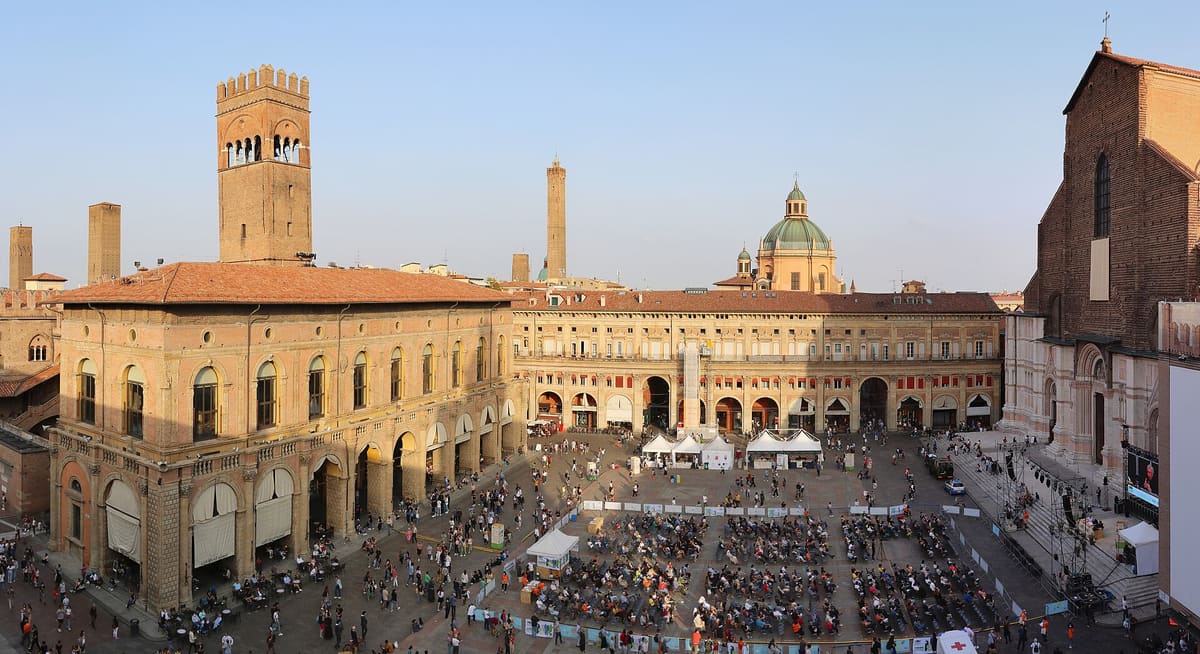 Piazza Maggiore in Bologna seen from above, with the Basilica of San Petronio