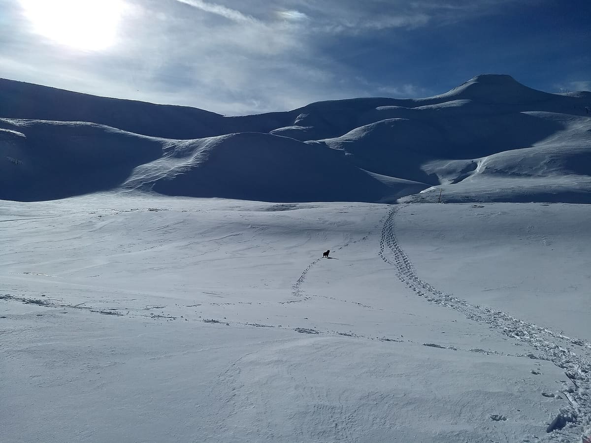 The snowy slopes of Corno alle Scale under a blue sky
