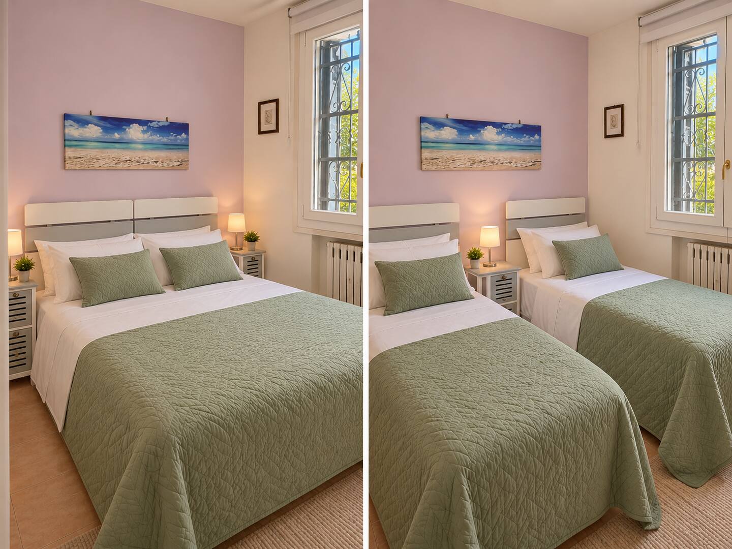 The private room with double bed and sage-green bedspread