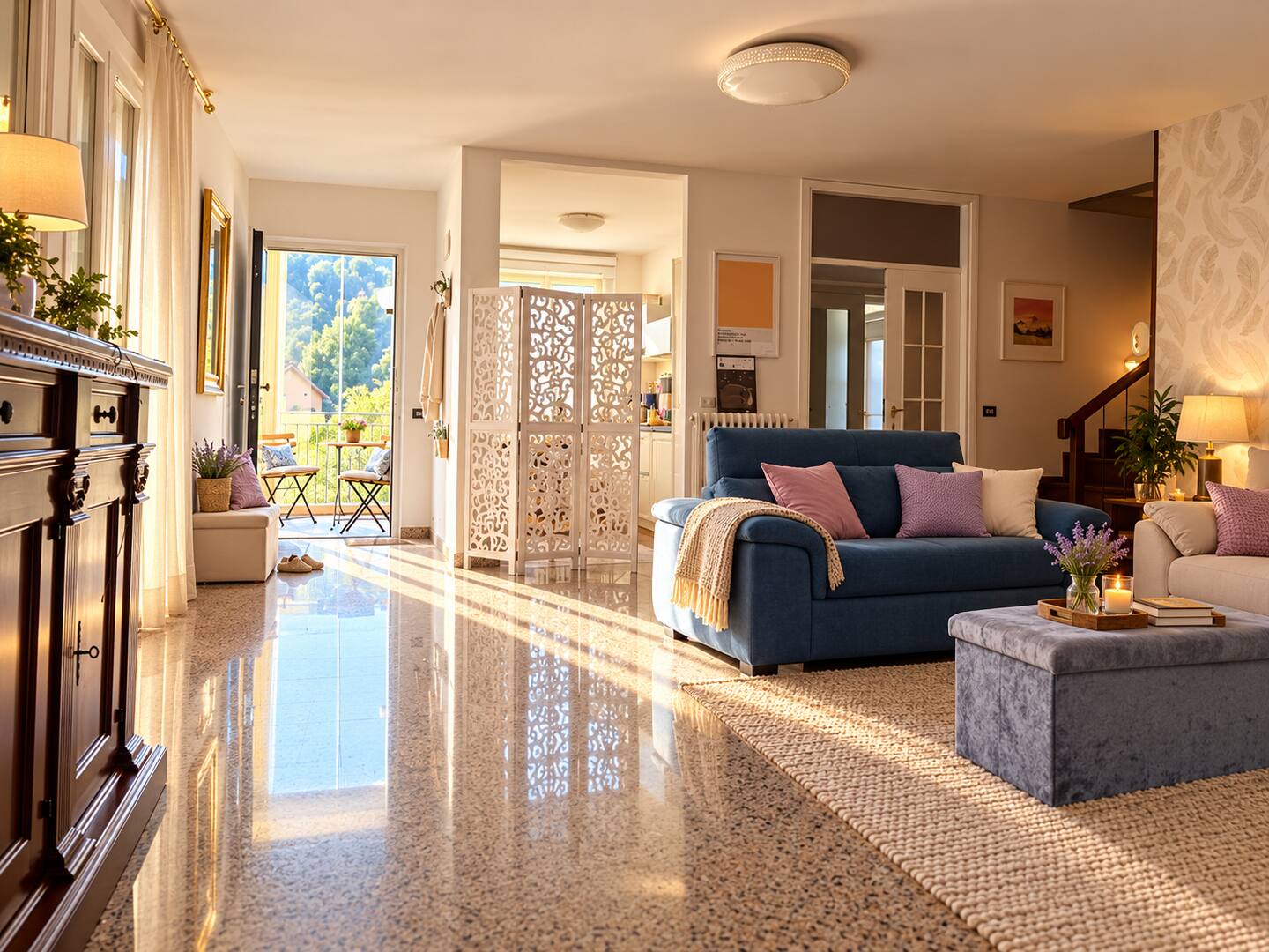 The bright upper-floor living room with blue sofa and Venetian terrazzo floor