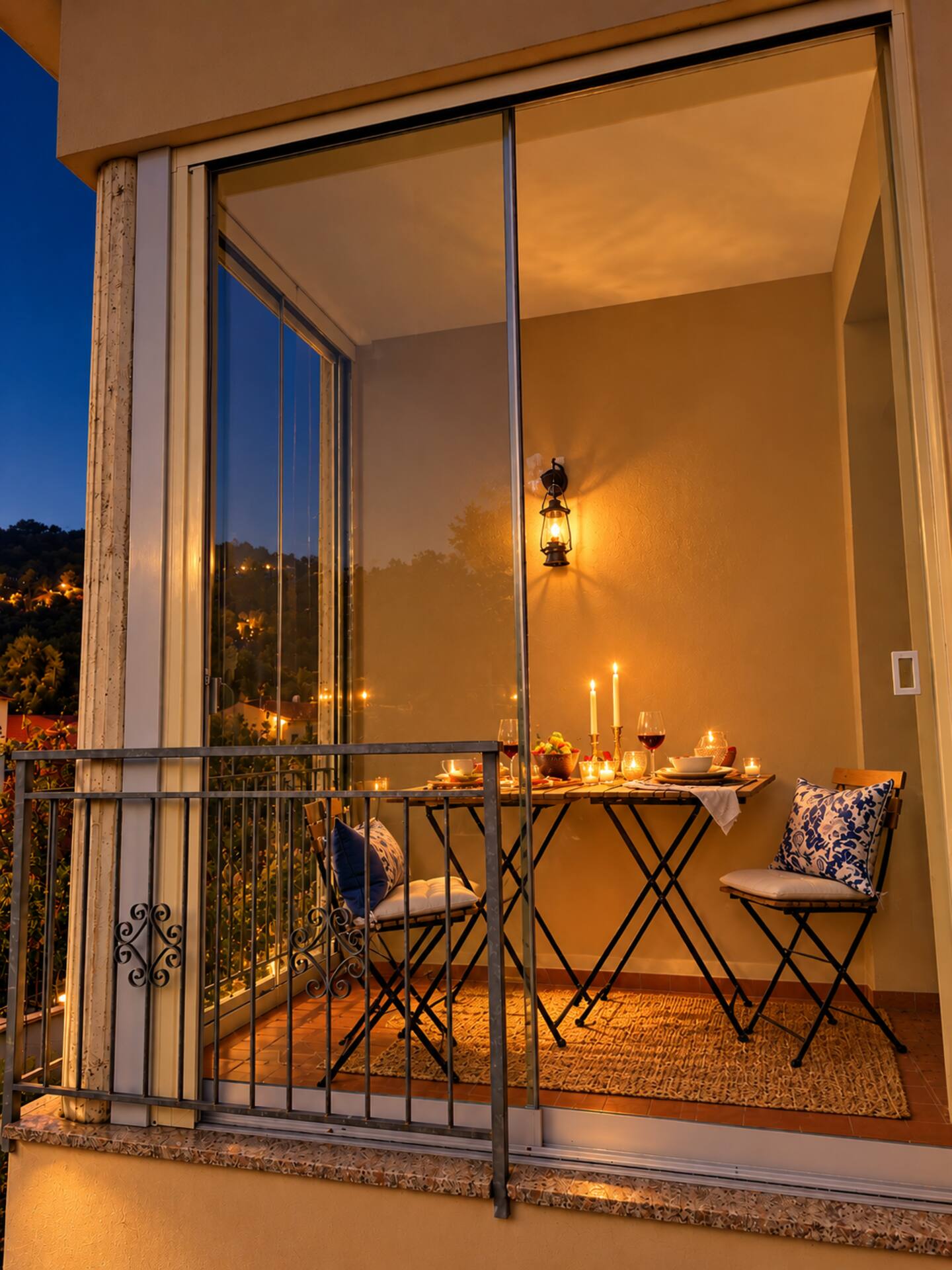 The veranda in the evening, with candles and a table set for a romantic dinner