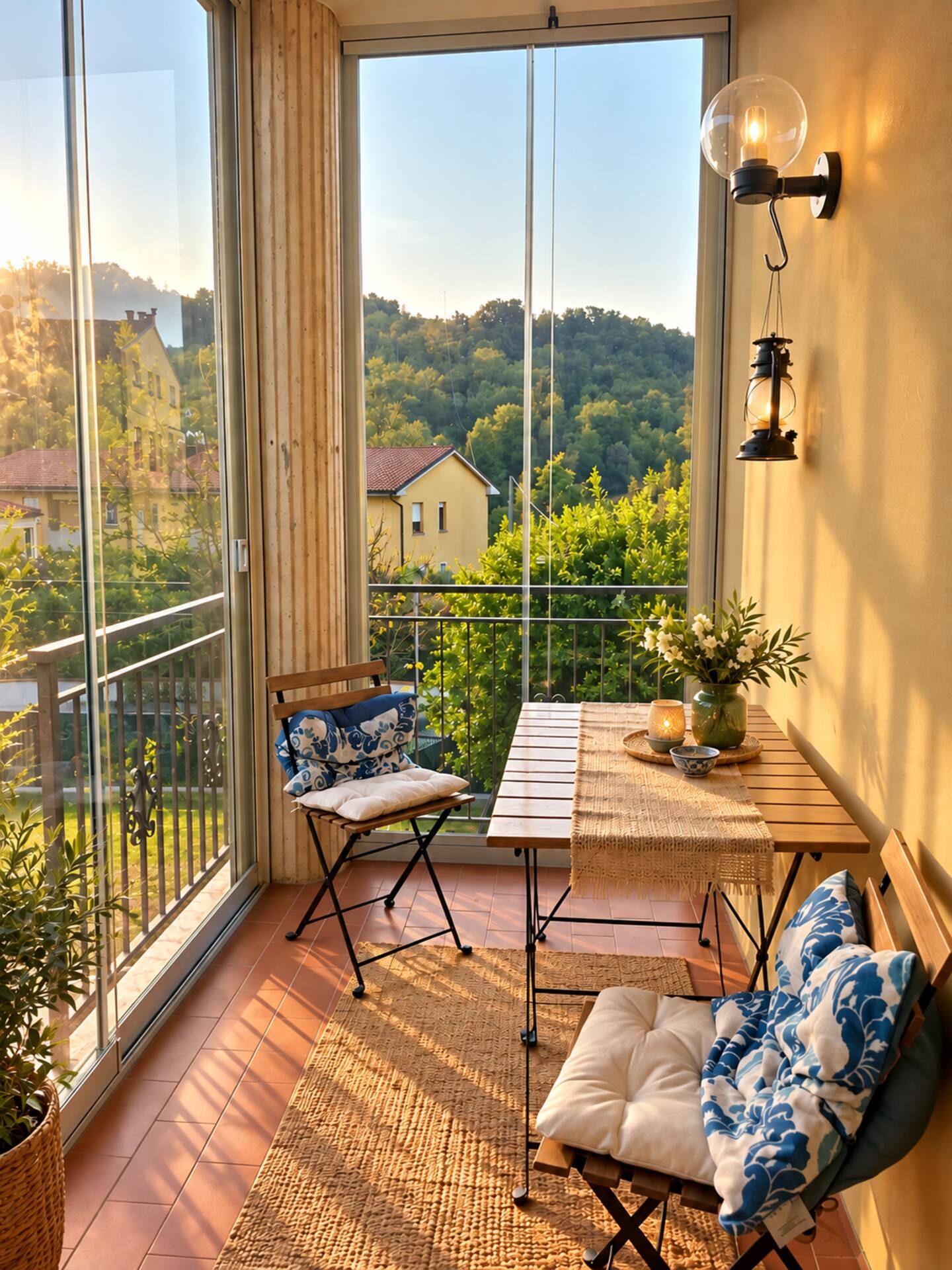 Breakfast served on the veranda table, looking out onto the greenery