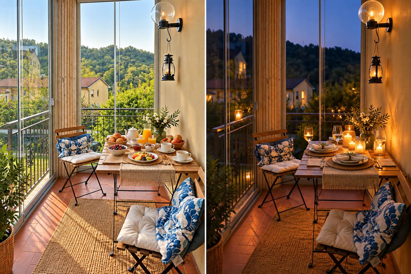 The veranda by day and by night, with the lanterns lit